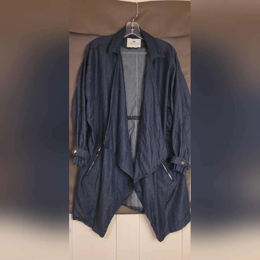 100% Cotton 1 Sunset Lane Womens Blue Denim Long Open Front Jacket Sz Med - Picture 2 of 13